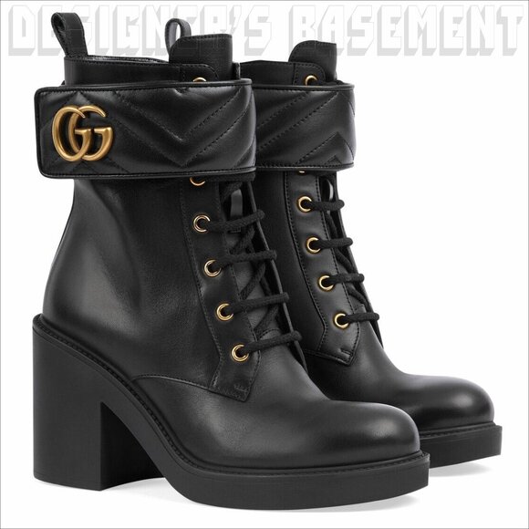 Gucci 36.5 black GG MARMONT Matelasse quilted Leather ankle heeled LaceUp Boots - Picture 1 of 10
